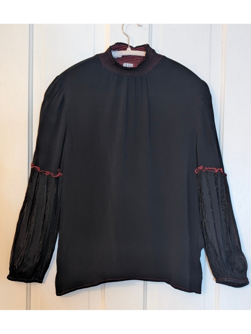 BLANKNYC BLACK MOCK NECK BLOUSE BURGUNDY TRIM SHEER SLEEVES | XS | ROMANTIC